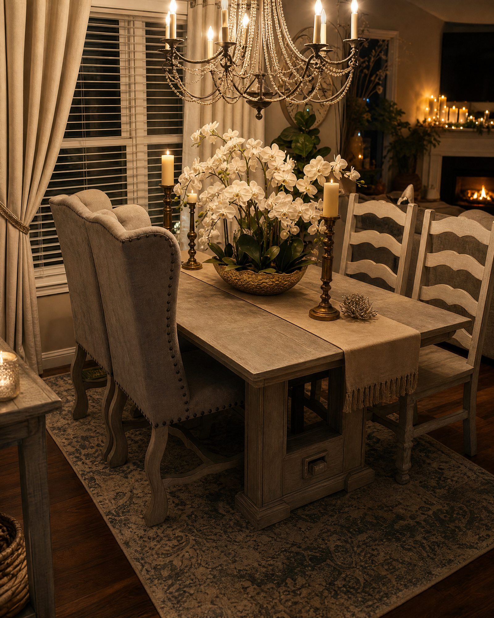 Candlelit dining room with orchids and chandelier