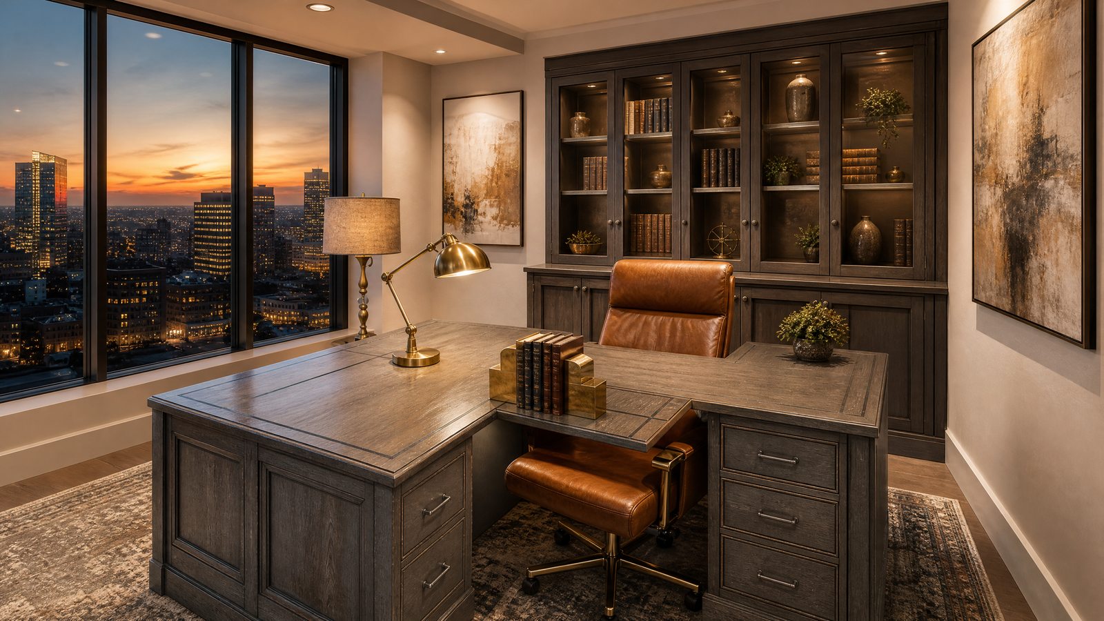 Executive office with skyline view and leather chair