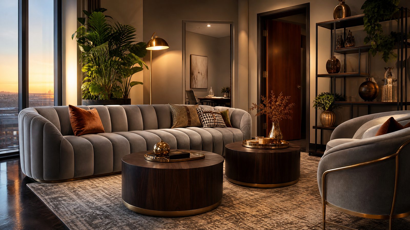 Finished lounge with velvet sofas and city dusk view