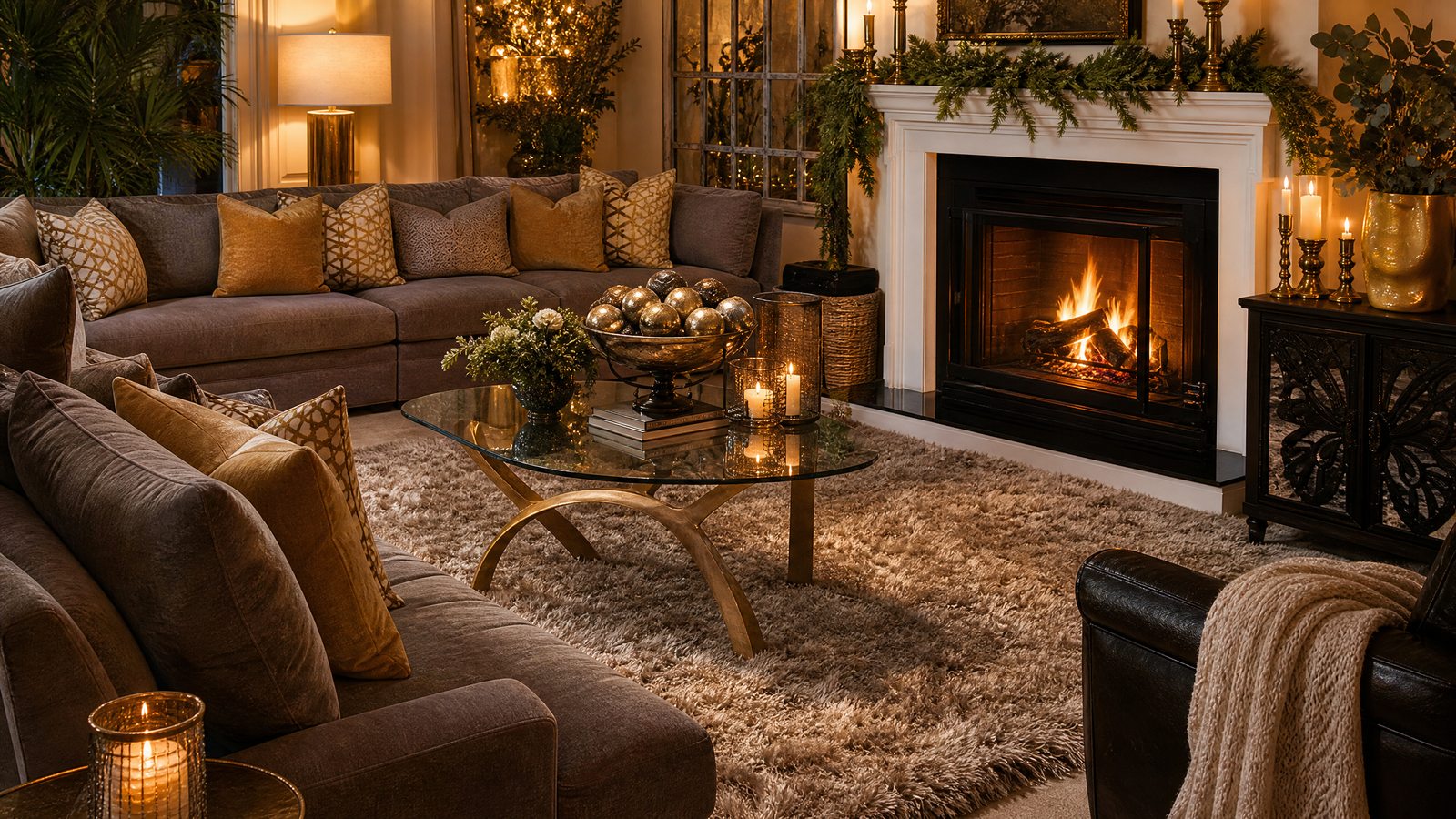 Fireside living room glowing with seasonal gold styling