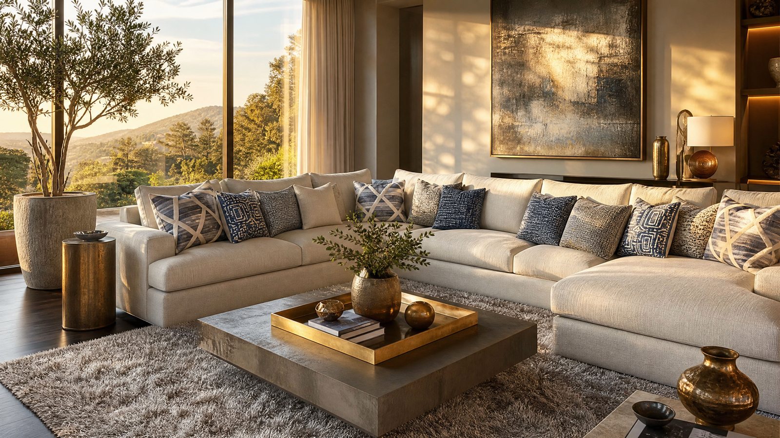 Concept: cream sectional living room in golden light
