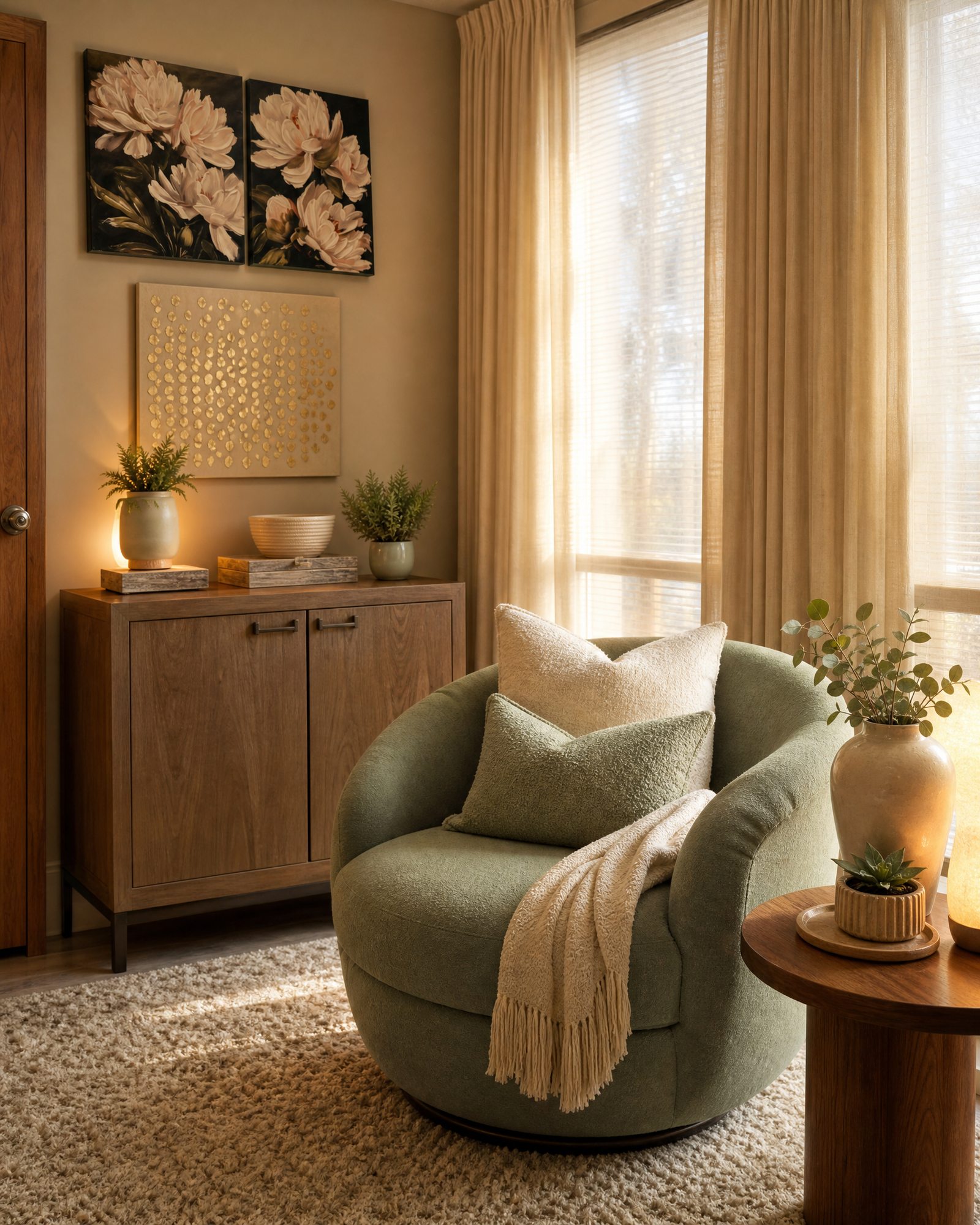 Sage swivel chair in golden window light