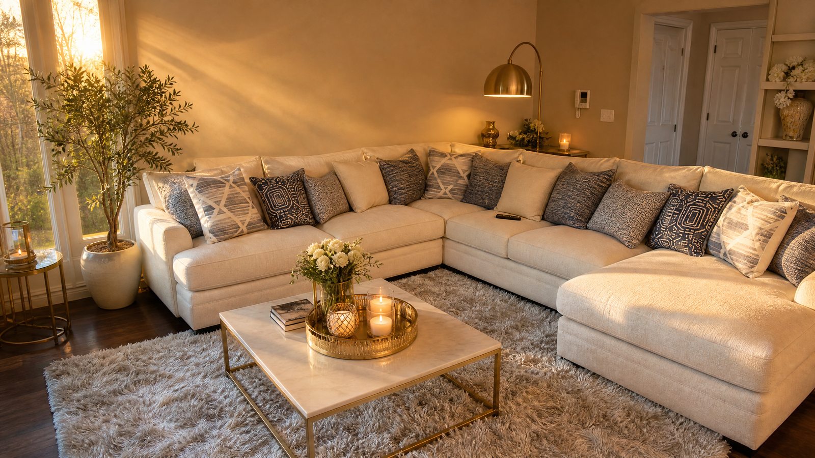 Cream sectional bathed in morning light