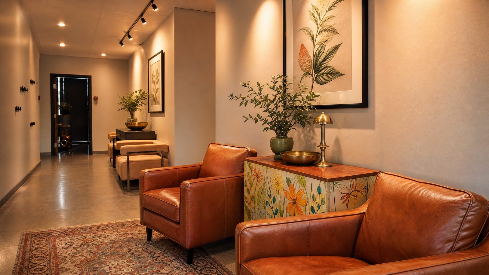 Warm leather seating with painted console and gallery light