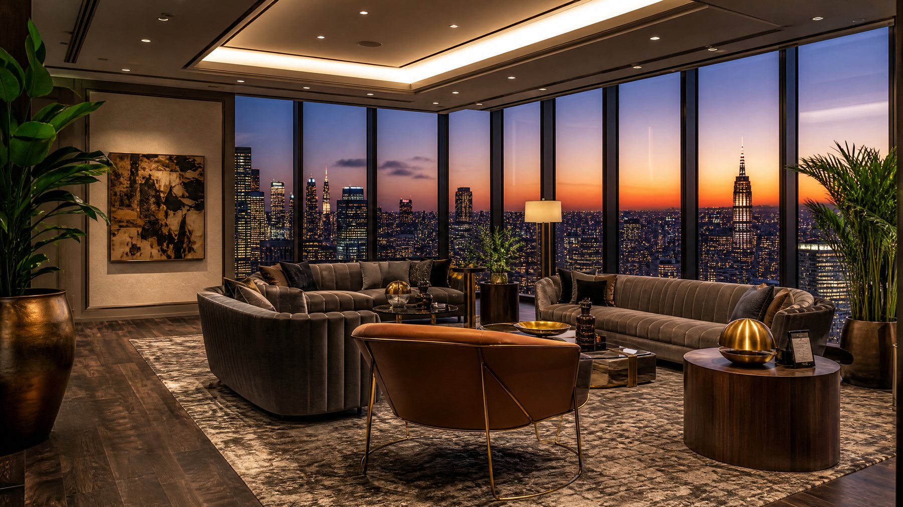 Executive lounge with velvet seating and a city skyline at dusk