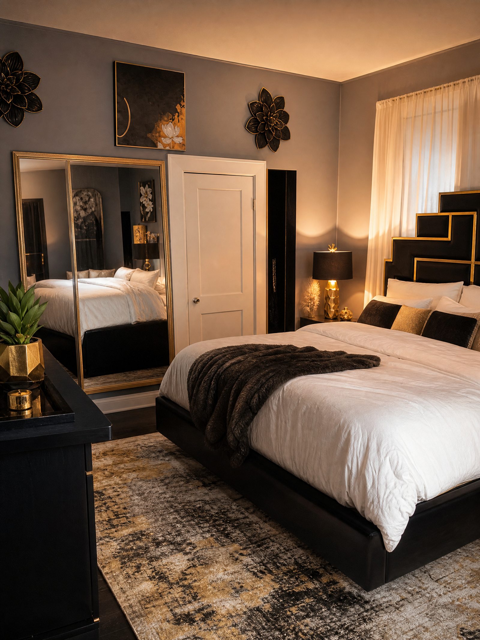 Concept: black and gold glam bedroom with brass lamps