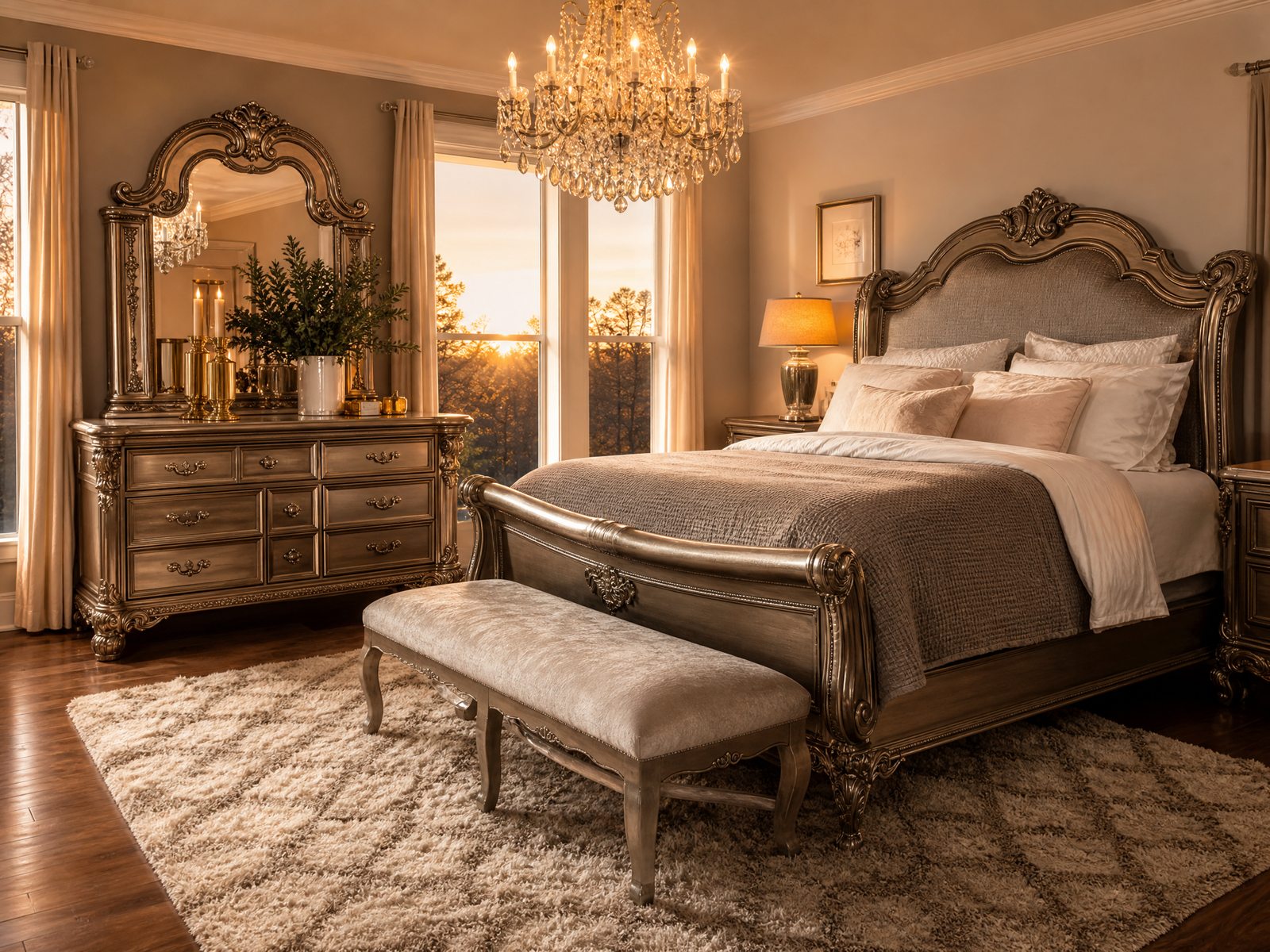 Concept: ornate silver sleigh bedroom under a chandelier