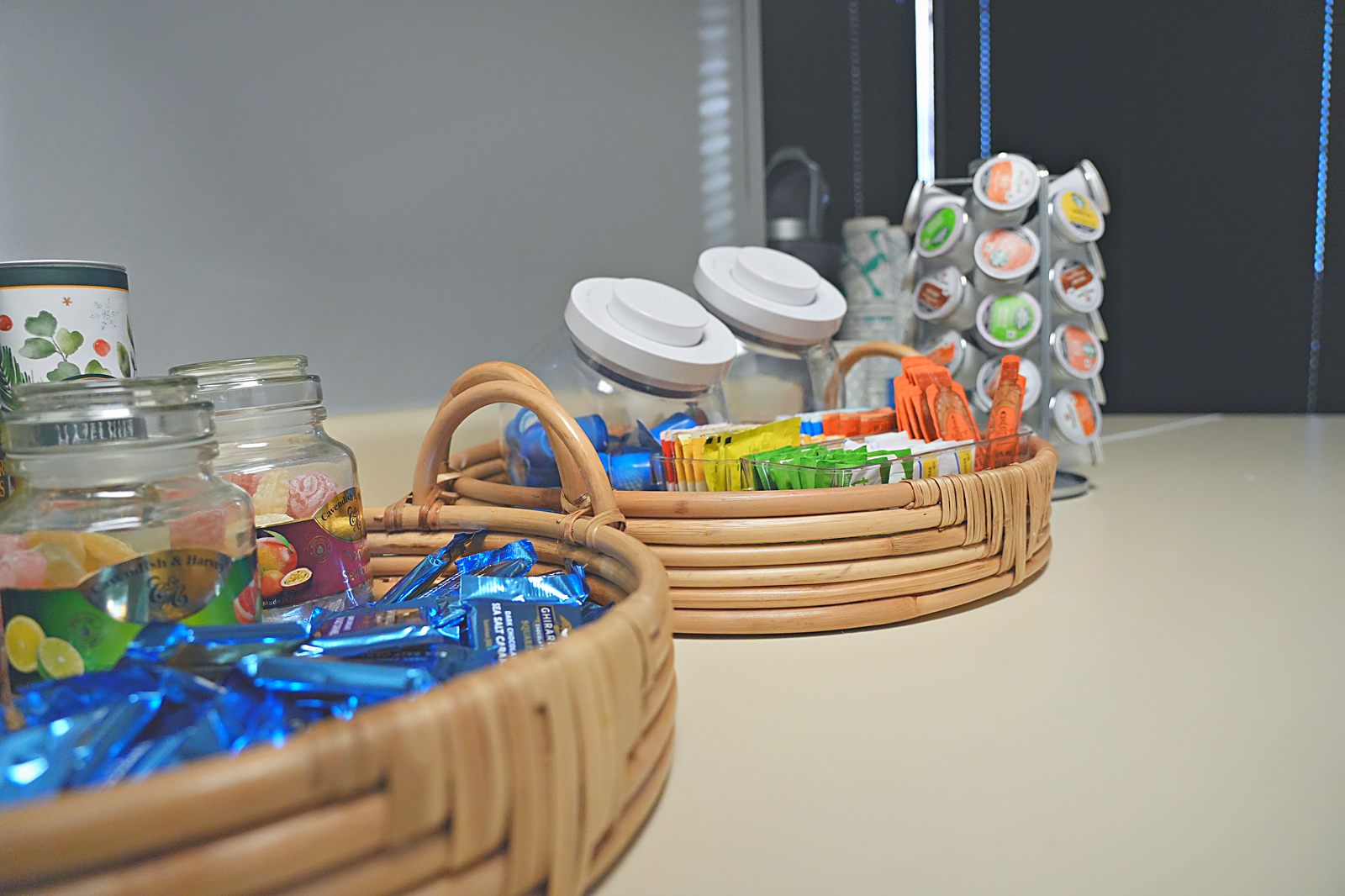 Hospitality station styled with woven trays