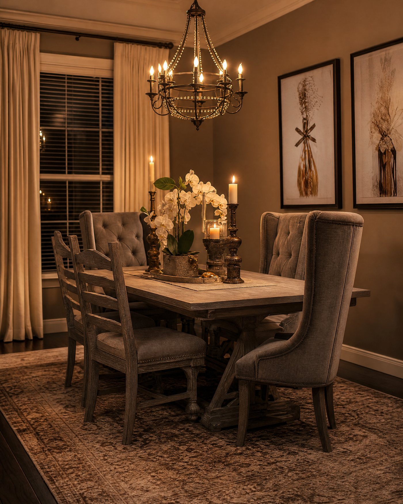 Candlelit dining room with chandelier, orchids, and tufted chairs