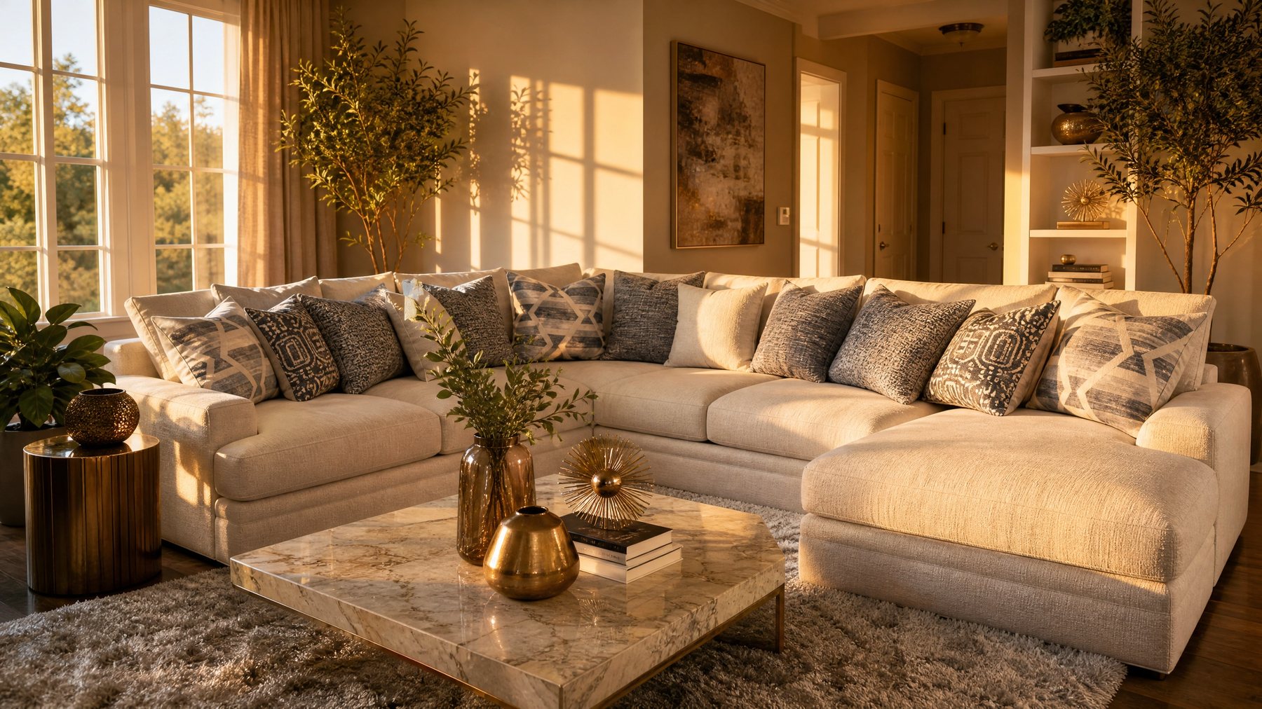 Cream sectional living room glowing at golden hour
