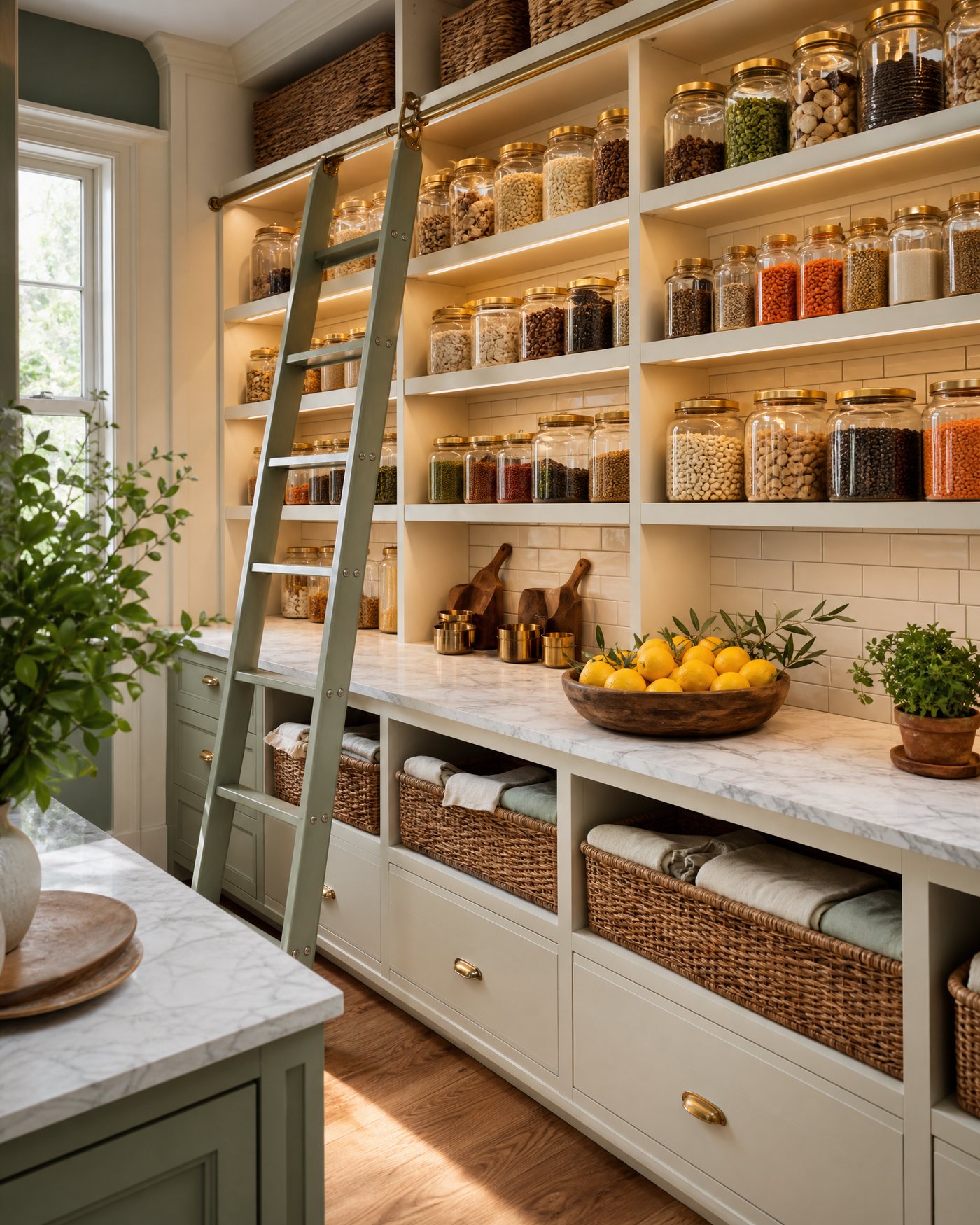 Luxury walk-in pantry with glowing shelves, glass jars, and woven baskets
