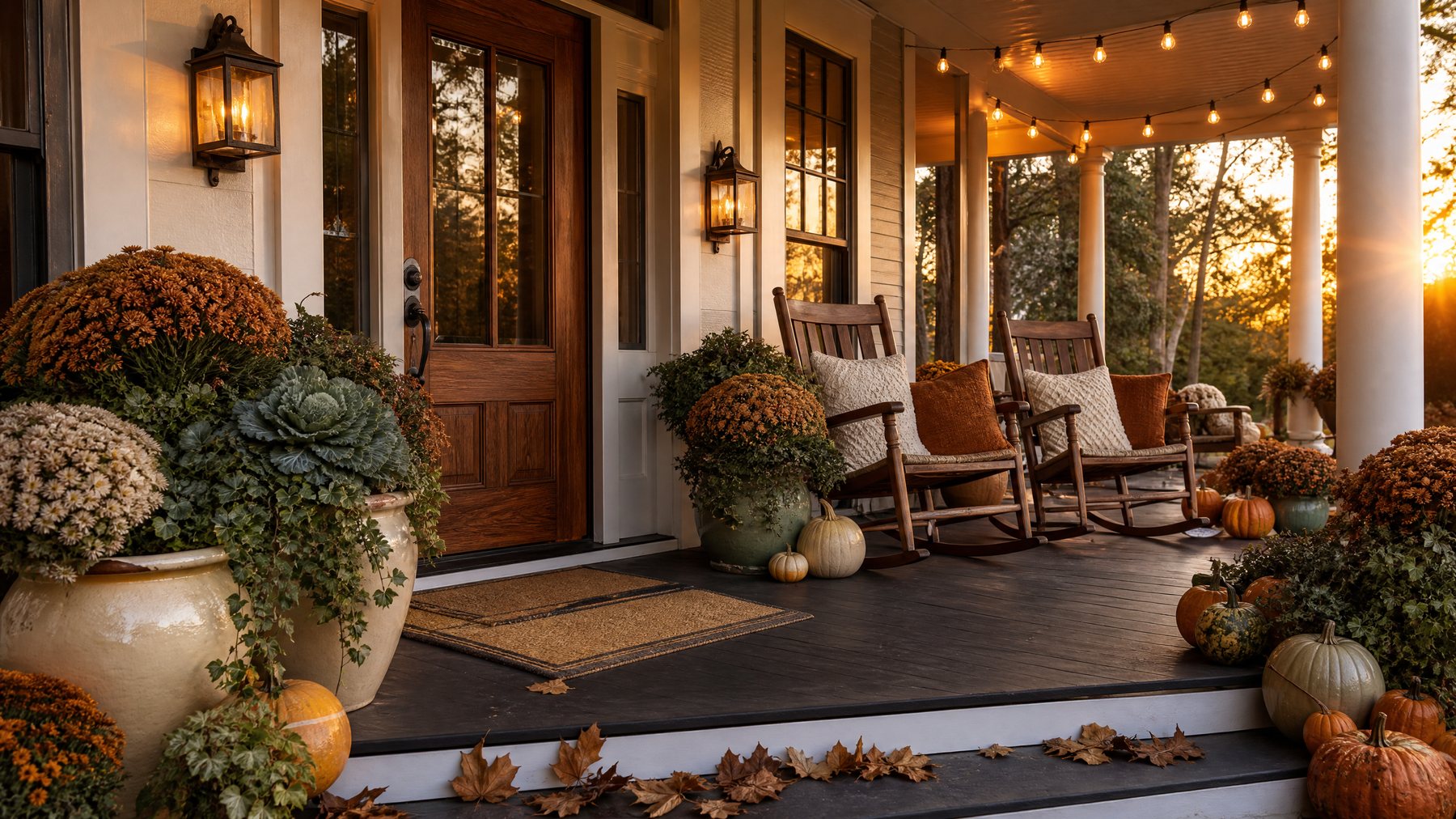 Autumn porch styled with mums, pumpkins, rocking chairs, and string lights at sunset